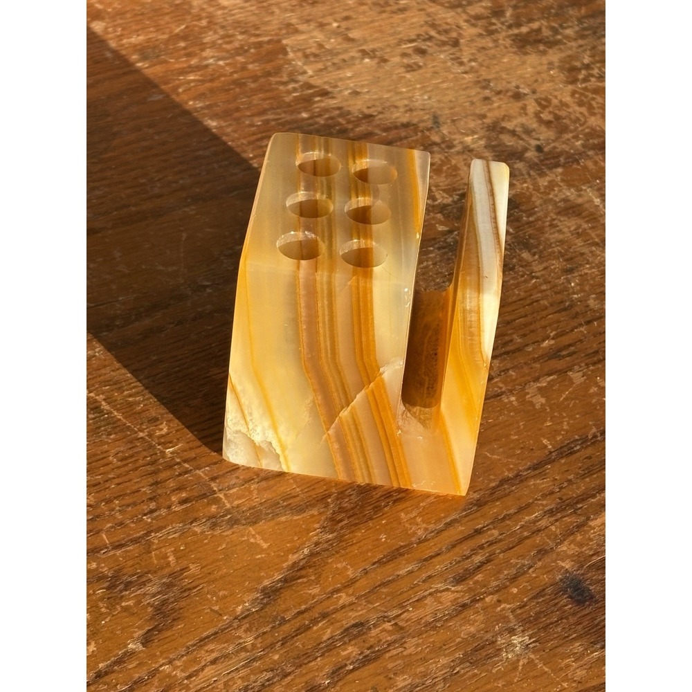 Tan Brown Onyx Desk Letter and Pen Pencil Holder Caddy 2.75" x 2.75"